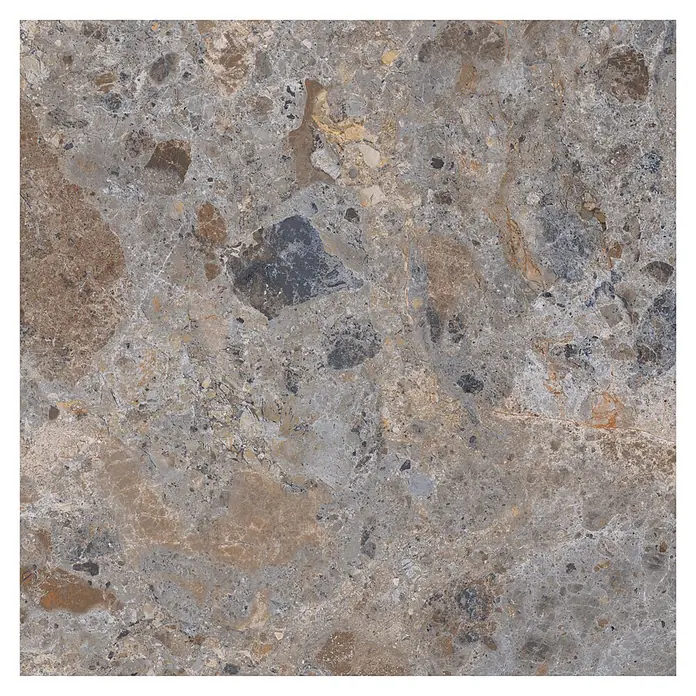 Feinsteinzeugfliese Vogue - 60 x 60 cm, Grey, Matt - Graubraune Marmor- oder Natursteinfliese mit variierten braunen, beigen und dunkelgrauen Mustern, ideal für Boden- oder Wandoberflächen.