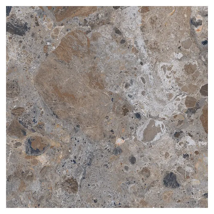 Feinsteinzeugfliese Vogue - 60 x 60 cm, Grey, Matt - Natursteinplatte mit melierten Braun-, Grau- und Cremetönen, dunklen Äderungen und Sprenkeln.