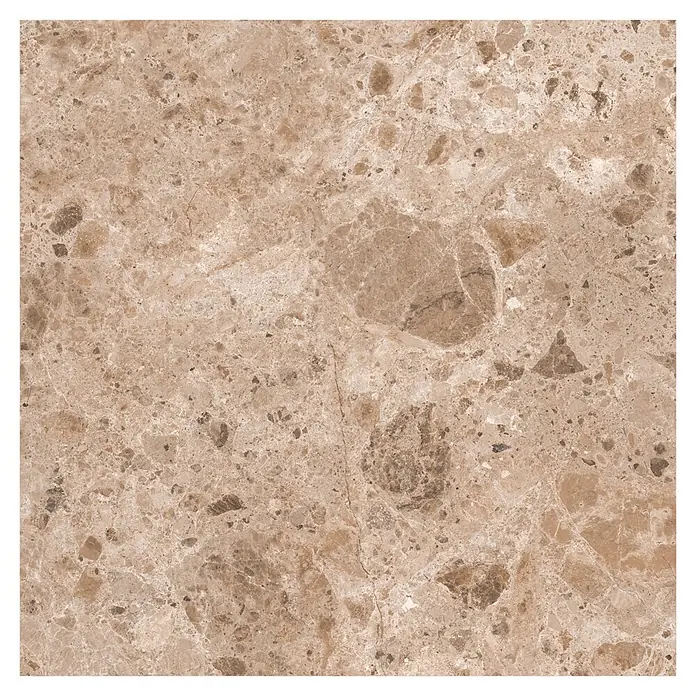 Feinsteinzeugfliese Vogue - 60 x 60 cm, Brown, Matt - Quadratische braune Fliese in Marmoroptik mit unregelmäßigen beigen und dunkelbraunen Einschlüssen und Äderungen.