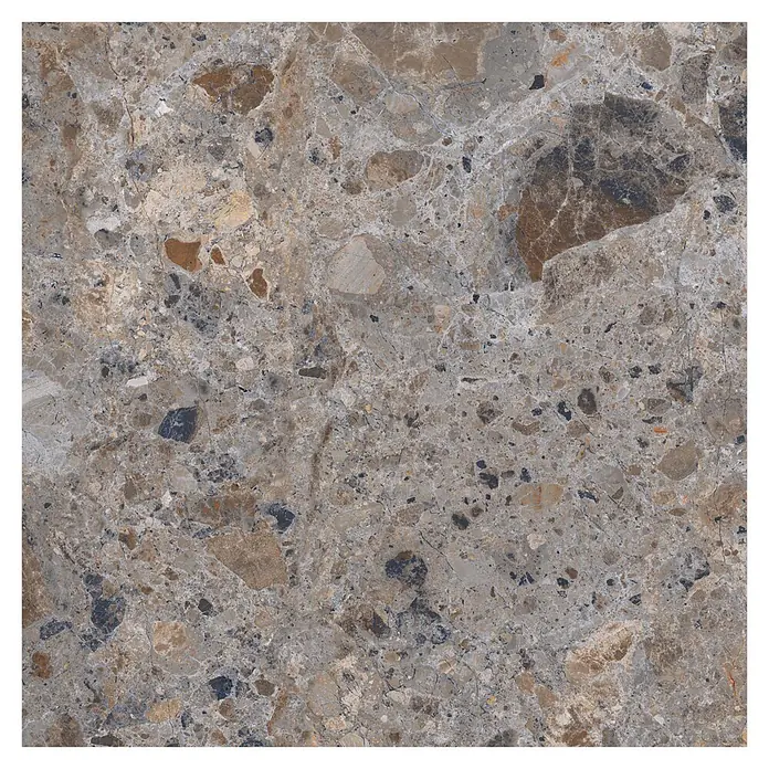 Feinsteinzeugfliese Vogue - 60 x 60 cm, Grey, Matt - Texturierte Marmorfliese mit einer Mischung aus Braun-, Grau- und Schwarztönen und komplexer weißer Maserung.