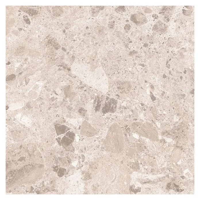 Feinsteinzeugfliese Vogue - 60 x 60 cm, Sand, Matt - Helle beige Terrazzo- oder Brekzienmarmorfliese mit unregelmäßigen grauen und braunen Einschlüssen.