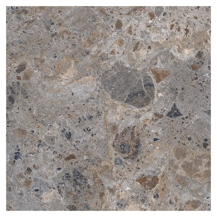 Feinsteinzeugfliese Vogue - 60 x 60 cm, Grey, Matt - Gesprenkelte grau-braune Steinfliese mit unregelmäßigen Fragmenten und subtiler weißer Äderung.