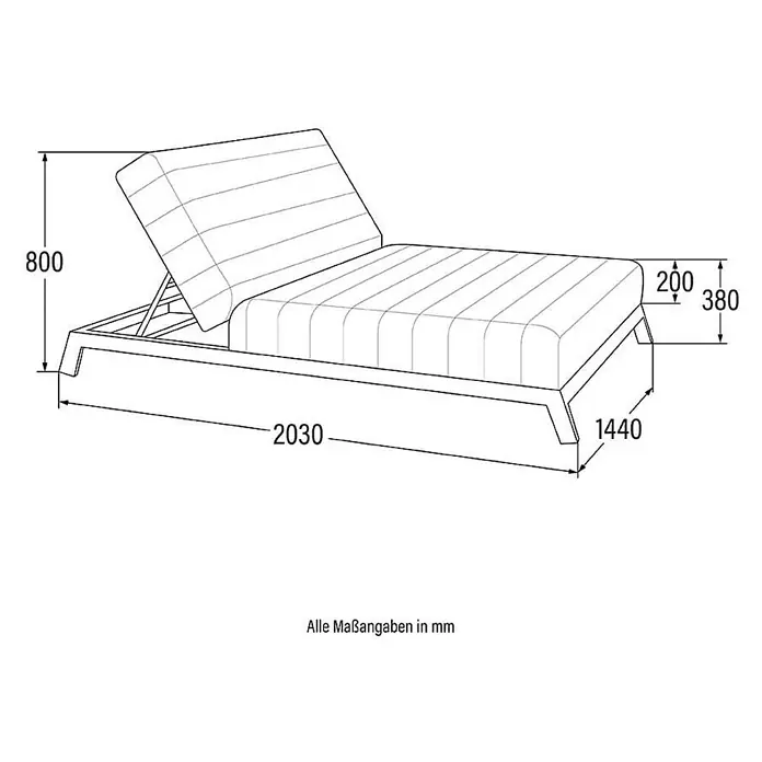 Home Deluxe Gartenliege VALENCIA - Grau, Sonstiges - Technisches Datenblatt einer Chaiselongue mit verstellbarer Rückenlehne und Maßen.