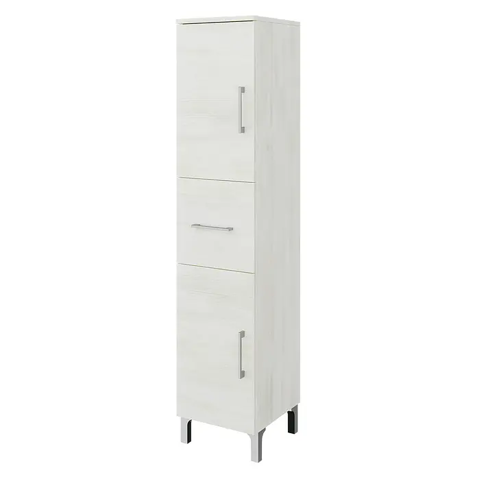 Kiamami Valentina Badmöbel-Set - Helles Holz - Hoher weißer Schrank in Holzoptik mit zwei Türen, einer Schublade und silbernen Griffen und Füßen.