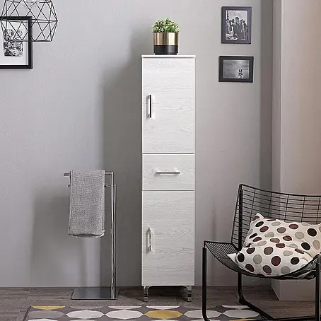KV Bad-Hochschrank 150 cm, bodenstehend, in Holzoptik weiß | Rimini