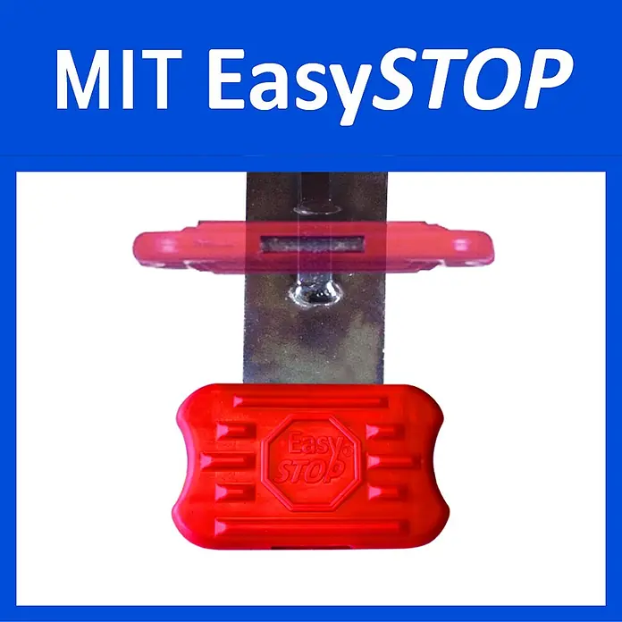 Variofit Transportroller ESD Euro-System Roller mit EasySTOP und 2 Ladeflächen 605x410mm -  - "MIT EasySTOP" Text über einem soliden roten EasySTOP Kunststoff-Sicherheitsanschlag an einer Metallschiene, mit einer halbtransparenten Ansicht darüber.