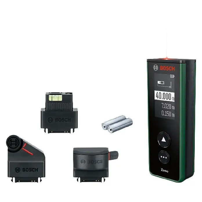 Bosch Laserentfernungsmesser Zamo Set - Messbereich: 0,15 - 40 m, 7 -tlg. - Bosch Zamo Laser-Entfernungsmesser (schwarz/grün) mit drei Adaptermodulen (schwarz) und zwei AAA-Batterien.