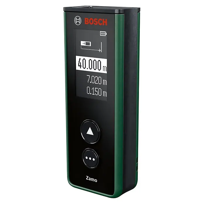 Bosch Laserentfernungsmesser Zamo - Messbereich: 0,15 - 40 m, 3 -tlg. - Bosch Zamo Digital-Laser-Entfernungsmesser in Dunkelgrün und Schwarz, mit Display, das 40.000m und Bedienelemente anzeigt.