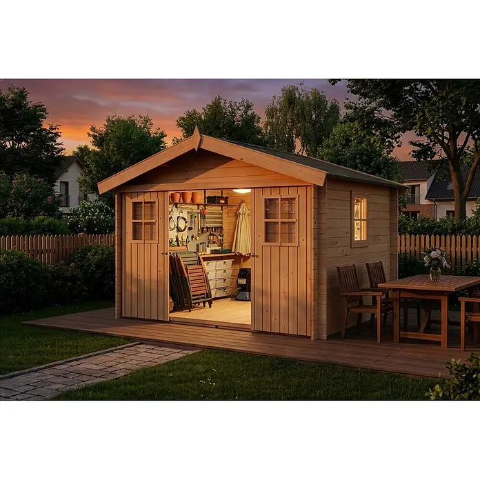 Alpholz Gerätehaus Evere - Außenbreite inkl. Dachüberstand: 330 cm, Außentiefe inkl. Dachüberstand: 270 cm, Holz, Naturbelassen - Heller Holzgartenhaus mit beleuchtetem Innenraum voller Werkzeuge und Terrassenmöbeln im Freien bei Dämmerung.