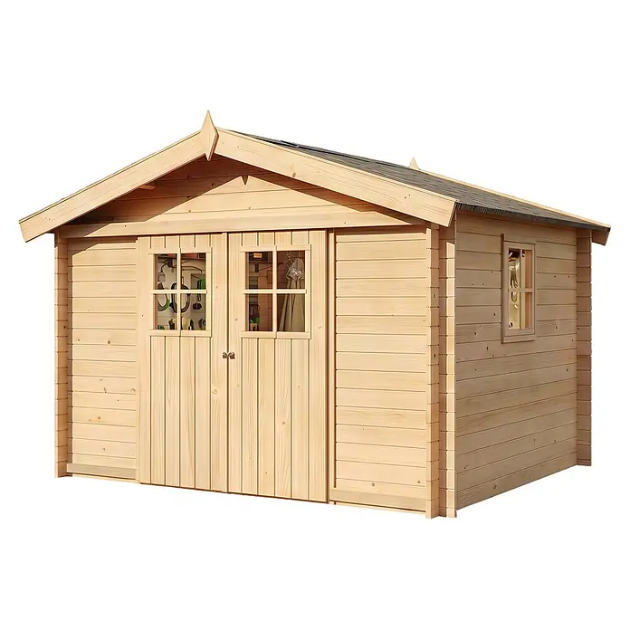 Alpholz Gerätehaus Evere - Außenbreite inkl. Dachüberstand: 330 cm, Außentiefe inkl. Dachüberstand: 270 cm, Holz, Naturbelassen - Heller Holzgartenhaus mit dunklem Satteldach, Doppeltüren mit Fenstern und einem Seitenfenster.