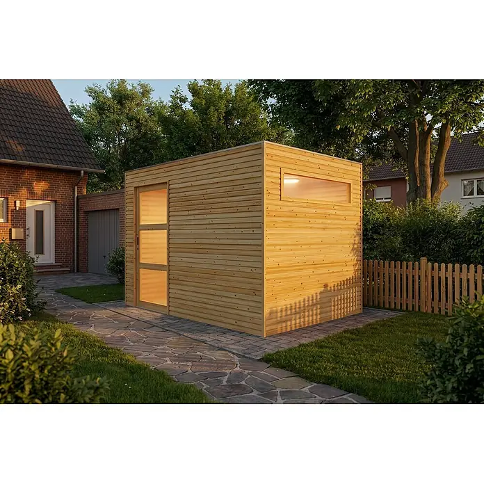 Alpholz Gartenhaus QBS - Außenmaß inkl. Dachüberstand (B x T): 300 x 210 cm, Holz, Braun - Helles Gartenhaus aus Holz mit horizontalen Brettern, rechteckigem Fenster und Tür, beleuchtet einen Gartenweg neben einem Haus.