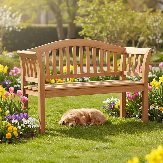 Bene Living Gartenbank Wave - Teakholz, Natur - Eine hellbraune Holzgartenbank steht in einem blühenden Blumengarten, darunter schläft ein goldener Retrieverwelpe.