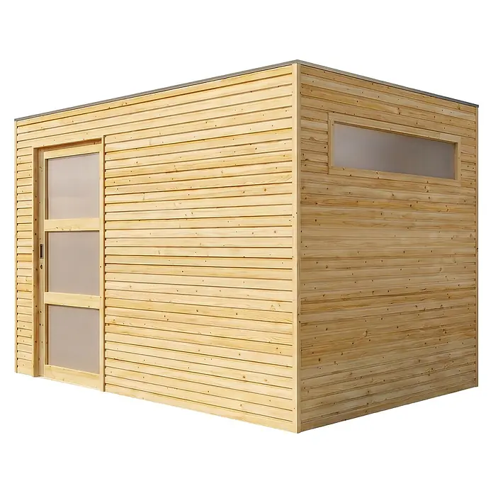 Alpholz Gartenhaus QBS - Außenmaß inkl. Dachüberstand (B x T): 300 x 210 cm, Holz, Braun - Modernes Holzgartenhaus mit horizontaler Verkleidung, Schiebetür und Milchglasfenster.
