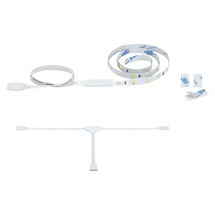 Paulmann MaxLED LED-Stripes Treppenlicht - Länge: 0,5 m, Warmweiß, 1 Stk. - Weiße LED-Lichtstreifen-Komponenten: ein aufgerollter Streifen, gerade Abschnitte, verschiedene Anschlüsse und 3M-Klebepads zur Installation.