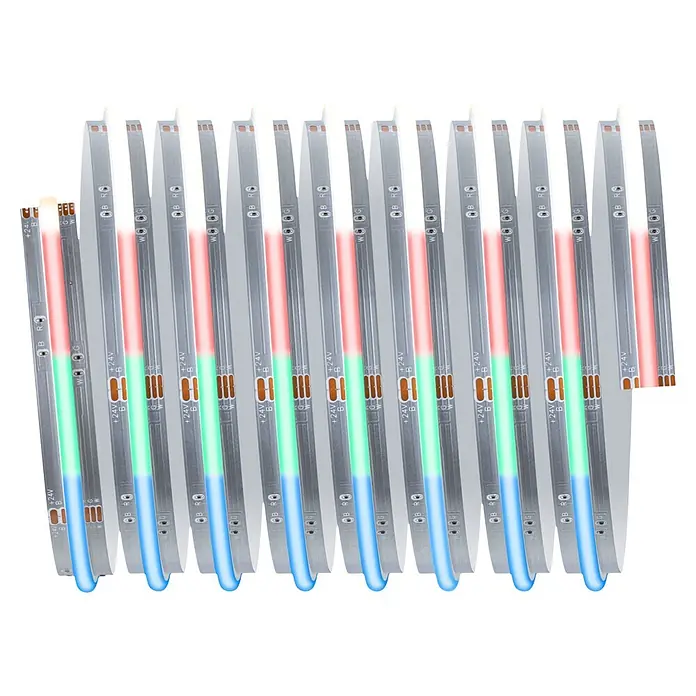 Paulmann MaxLED 1.000 LED-Stripes Full-Line - Länge: 1,5 m, RGBW, 24 W, 2.595 lm - Mehrere flexible RGB+W LED-Streifen zeigen Segmente von rotem, grünem, blauem und weißem Licht, mit +24V-Markierungen.
