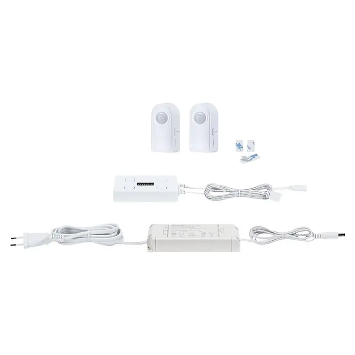 Paulmann MaxLED Controller Set Treppenlicht - Weiß - Weiße LED-Beleuchtungssystemkomponenten: zwei Bewegungssensoren, eine Steuereinheit, ein Netzteil und verschiedene Kabel/Anschlüsse.