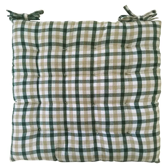 Cojín para silla Vichy - 45 x 45 x 5 cm, Textil, Verde - Cojín de asiento cuadrado acolchado con estampado de cuadros verde y beige y lazos.
