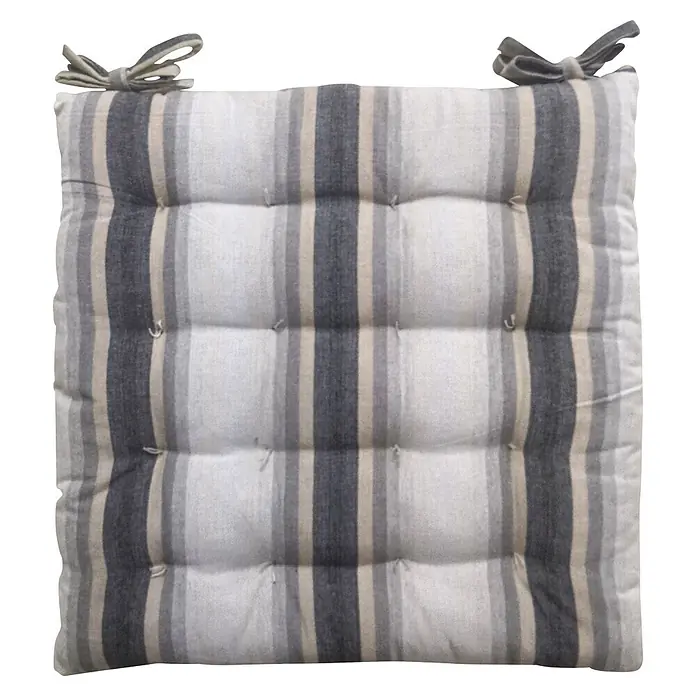 Cojín para silla Raya Ancha - 45 x 45 x 5 cm, Textil, Natural - Cojín de silla rayado y capitoné en blanco, gris y beige con lazos para atar.