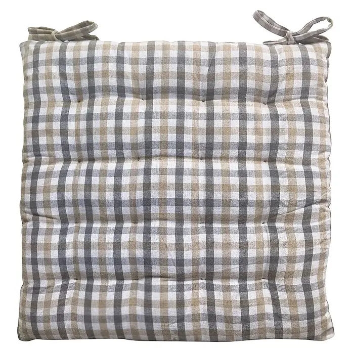 Cojín para silla Vichy - 45 x 45 x 5 cm, Textil, Natural - Cojín de asiento acolchado de cuadros blancos, grises y beiges con lazos.