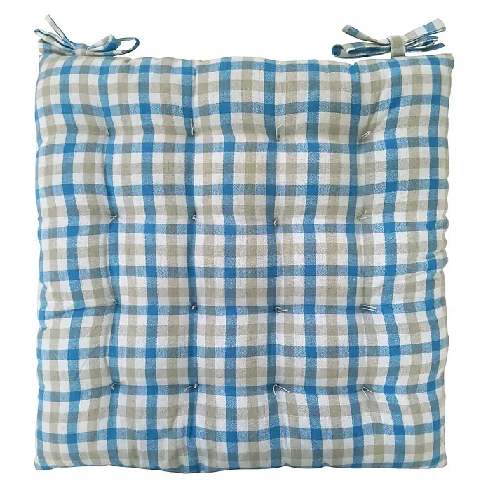 Cojín para silla Vichy - 45 x 45 x 5 cm, Textil, Azul - Cojín de asiento cuadrado y acolchado con estampado de cuadros azul y gris claro y dos lazos.