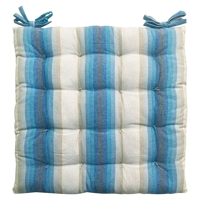 Cojín para silla Raya Ancha - 45 x 45 x 5 cm, Textil, Azul - Cojín cuadrado con rayas azules, grises y blancas y dos lazos azules en la parte superior.