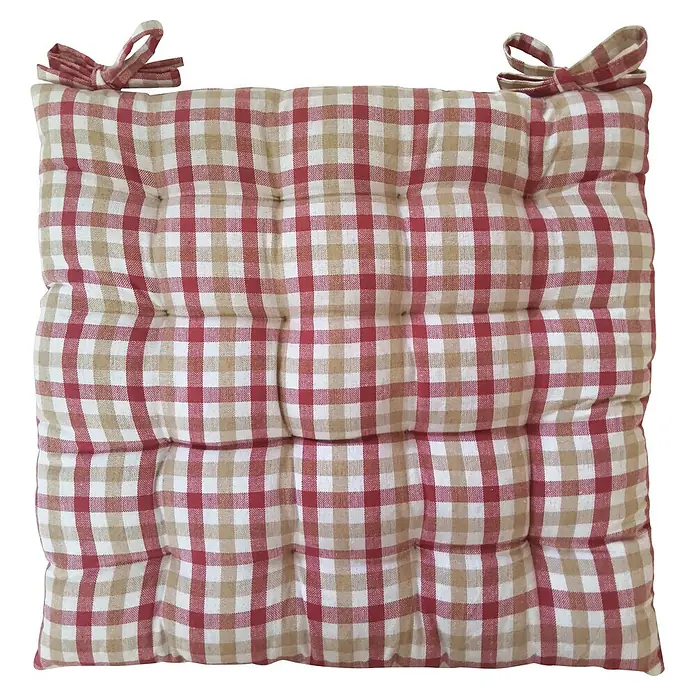 Cojín para silla Vichy - 45 x 45 x 5 cm, Textil, Rosa - Cojín de asiento capitoné a cuadros rojos, blancos y beige con lazos de tela.