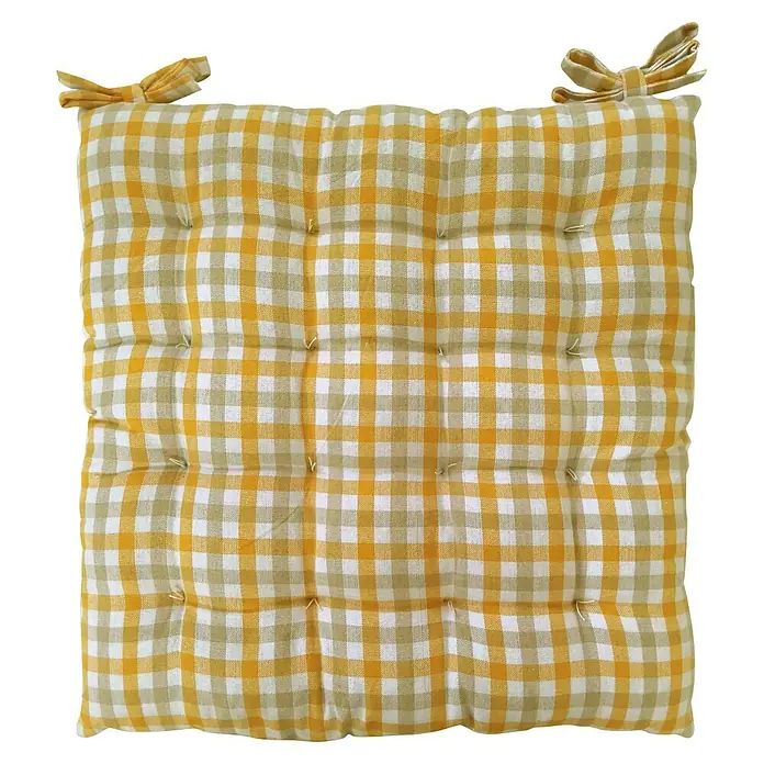 Cojín para silla Vichy - 45 x 45 x 5 cm, Textil, Mostaza - Cojín de asiento acolchado a cuadros amarillos y blancos con lazos.