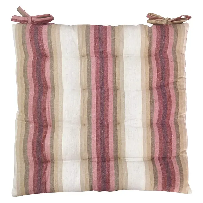 Cojín para silla Raya Ancha - 45 x 45 x 5 cm, Textil, Rosa - Cojín de asiento cuadrado y capitoné con rayas verticales blancas, rosas y beiges, con lazos en las esquinas superiores.