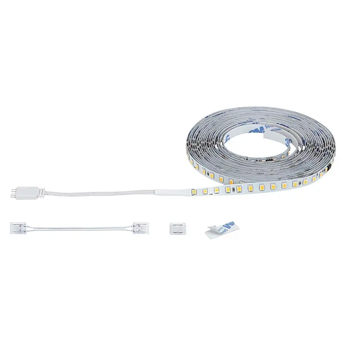 Paulmann MaxLED LED-Stripes Treppenlicht - Länge: 5 m, Warmweiß, 1 Stk. - Weißer LED-Streifen, teilweise aufgerollt, mit Anschlüssen und Klebepad. Mit warmgelben LEDs.