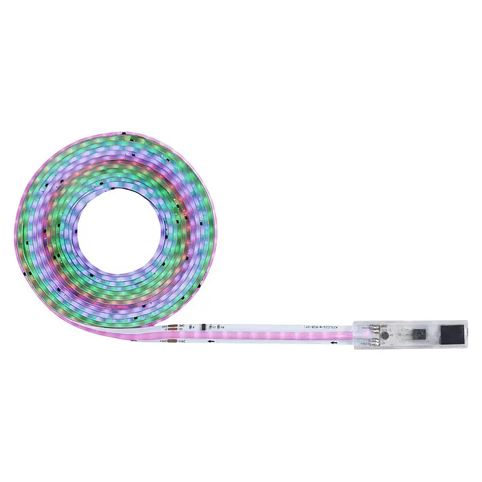 Paulmann SimpLED LED-Stripes Motion Music - Länge: 3 m, RGB, 16 W, 18 lm - Farbenfroher RGB-SPI LED-Lichtstreifen, teilweise aufgewickelt und teilweise gestreckt, leuchtet in Rosa, Violett und Grün.