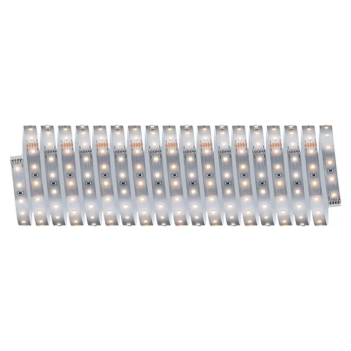 Paulmann MaxLED 500 LED-Stripes Basisset - Länge: 10 m, Lichtfarbe: Warmweiß, 31,5 W, 5.500 lm - Verbundene weiße LED-Lichtstreifen mit warmweißem Licht. Orange Anschlüsse und Schaltkreiskomponenten sichtbar.