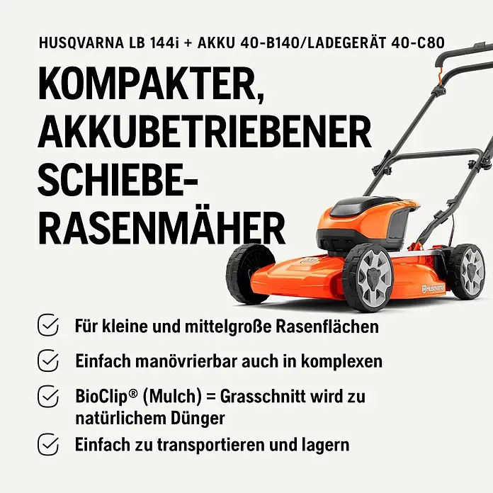 Husqvarna Akku-Rasenmäher LB144i (ohne Akku) - 36 V, Ohne Akku, Schnittbreite: 440 mm - Orangefarbener Husqvarna LB 144i Akku-Schiebe-Rasenmäher.