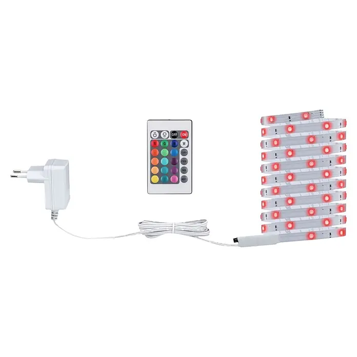 Paulmann LED-Stripes BaseLED - Länge: 3 m, RGB, 2,5 W - Weißes LED-Streifenlicht-Set mit Netzteil, Multifunktionsfernbedienung und Spiralkabel, das rot leuchtende Lichter zeigt.