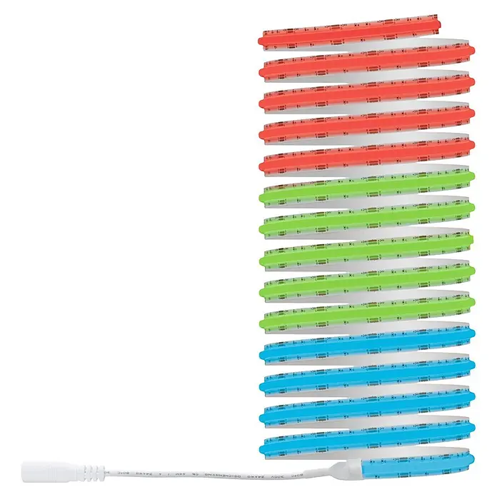 Paulmann SimpLED LED-Stripes - Länge: 5 m, RGB, 17 W, 700 lm - Gestapelte rote, grüne und blaue LED-Lichtleisten mit weißem Stromkabel. Jede Leiste zeigt Schaltungsdetails und Spannungsmarkierungen.