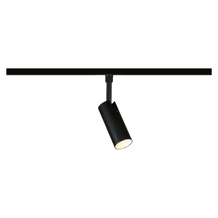 Paulmann URail LED-Spot Tubo - 4,5 W, Schwarz, 4,3 x 4,3 x 19 cm - Schwarzer LED-Stromschienenstrahler, nach unten geneigt, mit warmweißem Licht, auf passender schwarzer Schiene.
