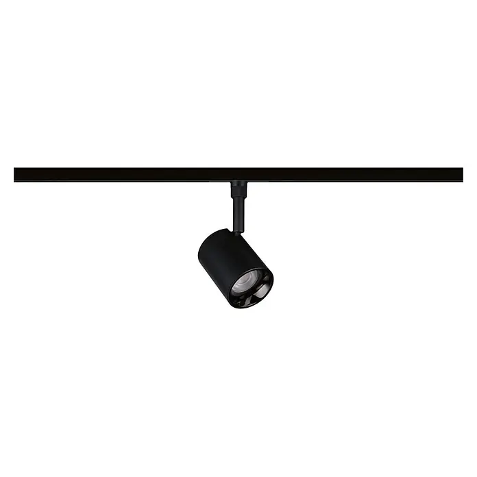 Paulmann URail LED-Spot Nivora - 4,7 W, Schwarz, 7 x 7 x 12,5 cm - Schwarzer Strahler auf einer linearen schwarzen Stromschiene.