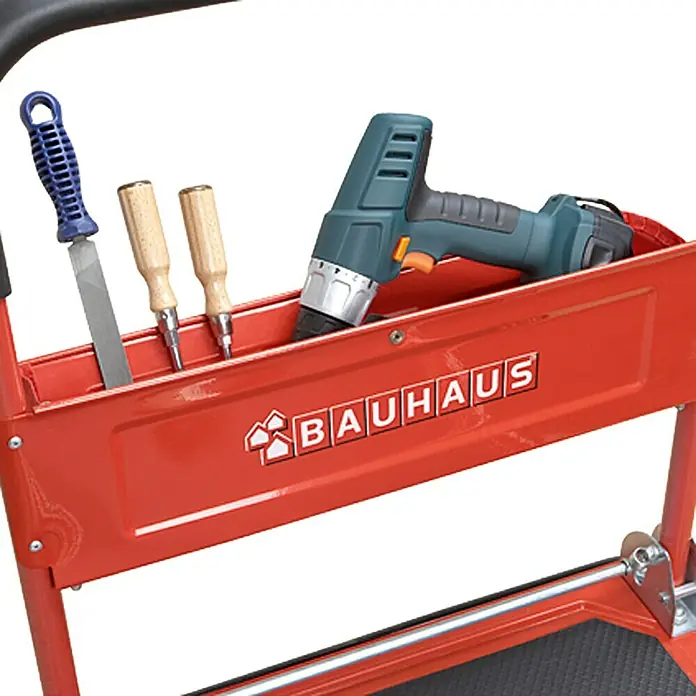 BAUHAUS Plattformwagen Cross Over - Stahl, 300 kg, Klappbar - Werkzeugwagen mit Akkuschrauber, Feile und Körnern, ideal für Werkstattarbeiten.