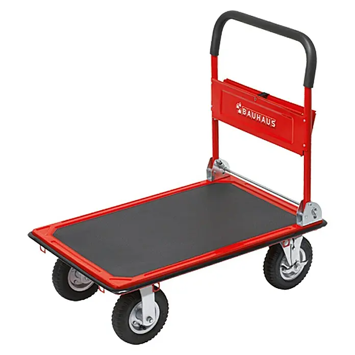 BAUHAUS Plattformwagen Cross Over - Stahl, 300 kg, Klappbar - Roter Bauhaus Transportwagen mit schwarzer Ladefläche und einem praktischen Griff für einfachen Transport von Lasten.