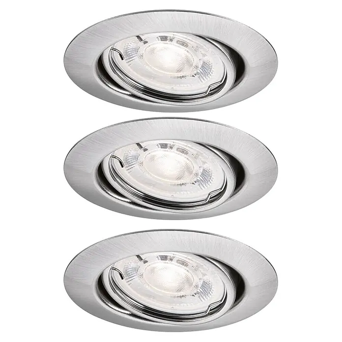 Paulmann LED-Einbauleuchten-Set rund Base - 4 W, Eisen gebürstet, 3 Stk., Warmweiß - Drei gebürstete silberne Einbaustrahler mit verstellbaren klaren Leuchtelementen.