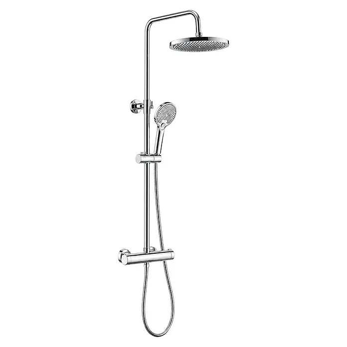 Rousseau Sistema de ducha Estetic - Con grifo monomando, Distancia entre orificios: 15 cm, Número de tipos de chorro: 3 ud., Crono - Sistema de ducha cromado con rociador de techo redondo, ducha de mano en barra deslizante y mezclador termostático.