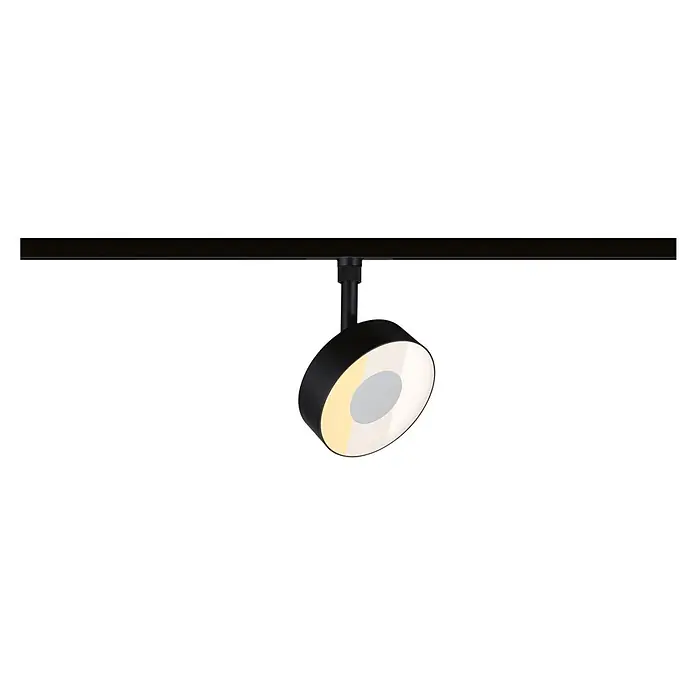 Paulmann URail LED-Spot Circle - 5 W, Schwarz, 10 x 10 x 13,5 cm - Schwarzer Strahler mit rundem Kopf, weißer und warmgelber Beleuchtung, an schwarzer Schiene.