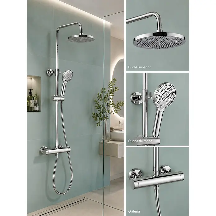 Rousseau Sistema de ducha Estetic - Con grifo monomando, Distancia entre orificios: 15 cm, Número de tipos de chorro: 3 ud., Crono - Sistema de ducha cromado con ducha de lluvia, ducha de mano y mezclador termostático en baño moderno.