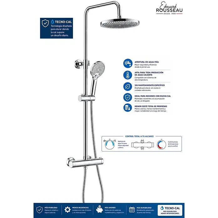 Rousseau Sistema de ducha Estetic - Con grifo monomando, Distancia entre orificios: 15 cm, Número de tipos de chorro: 3 ud., Crono - Sistema de ducha cromado con un gran rociador de lluvia y una ducha de mano ajustable.