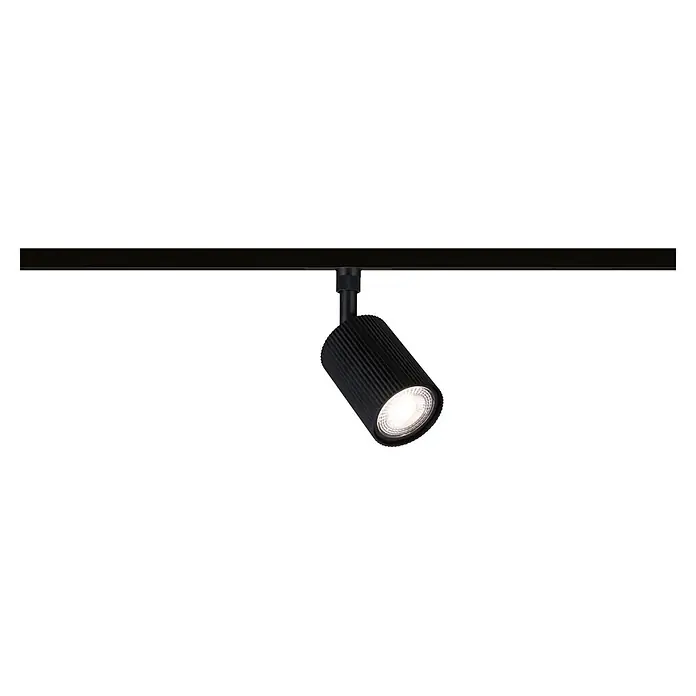 Paulmann URail LED-Spot Rivon - 10 W, Schwarz matt, 8 x 8 x 15,4 cm - Schwarzer Stromschienenstrahler mit geripptem Gehäuse, frontal hell leuchtend, an schwarzer Schiene montiert.