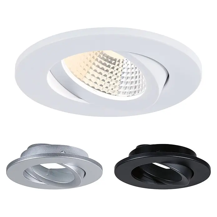 Paulmann LED-Einbauleuchte rund - Ø x H: 8,5 x 6,5 cm, Warmweiß - Drei schwenkbare Einbaustrahler: weiß (leuchtend), silber und schwarz.