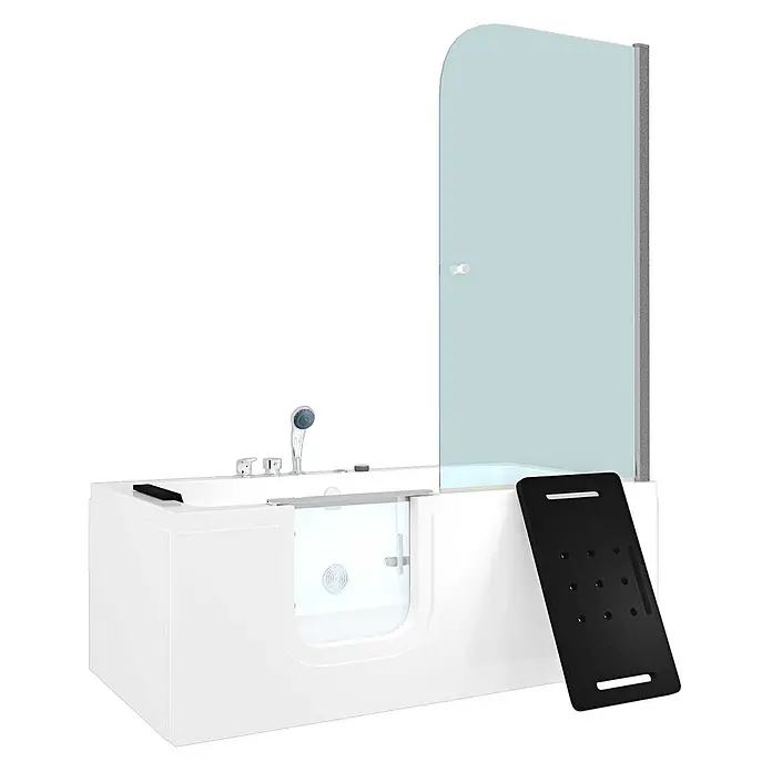 AcquaVapore Badewanne Fertigdusche S15D-WP-EH-L - Acryl, Weiß - Weiße begehbare Badewanne mit Duschabtrennung aus Klarglas, integrierter Duschbrause und seitlicher Einstiegstür.