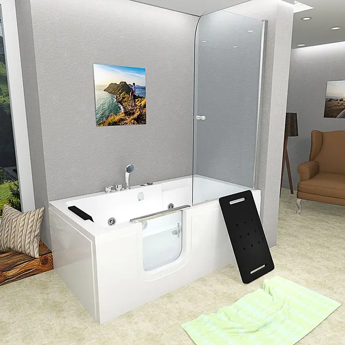 AcquaVapore Badewanne Fertigdusche S15D-WP-EH-L - Acryl, Weiß - Weiße barrierefreie Badewanne mit Glastür und schwarzem Transferbrett für sicheren Einstieg.