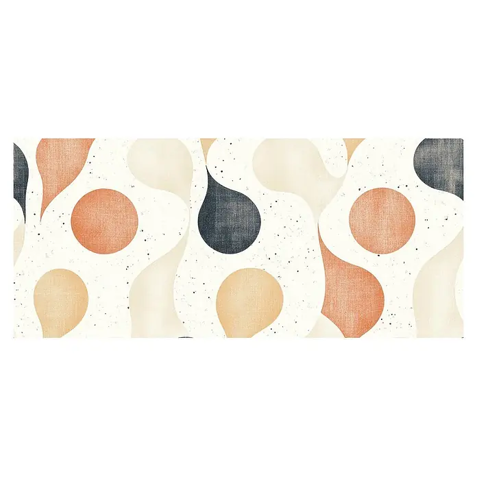 Cabecero de cama Retro - L x An: 95 x 60 cm, Multicolor - Patrón abstracto con formas orgánicas y círculos en tonos suaves: naranja quemado, azul oscuro, beige y crema, con una textura sutil.