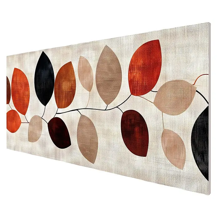 Cabecero de cama Otoño - L x An: 145 x 60 cm, Multicolor - Panel decorativo con diseño de hojas abstractas en negro, naranja-rojo, marrón oscuro y beige sobre fondo claro texturizado.