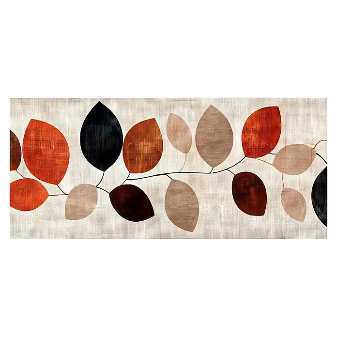 Cabecero de cama Otoño - L x An: 145 x 60 cm, Multicolor - Patrón textil abstracto con hojas negras, naranjas, marrones y beige conectadas por tallos finos.